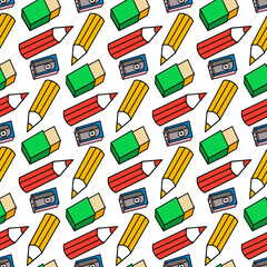 Seamless pattern with colorful pencils, sharpeners and eraser on white background. Stationery, education or drawing supplies. flat illustration