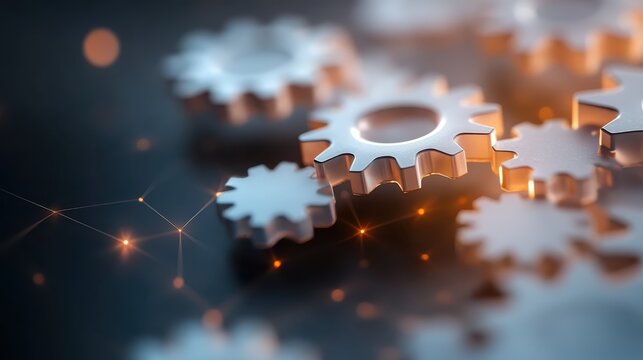 An artistic arrangement of metal gears, symbolizing the intricate workings of machinery and the synergy of mechanical innovation, representing industry and creativity.