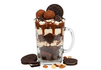 Delicious dessert parfait in a glass mug with cookies and chocolate truffles on a plain setting on transparent background