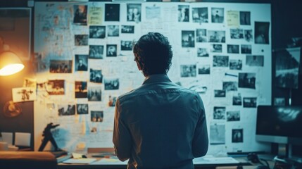 Investigator reviews evidence board at night