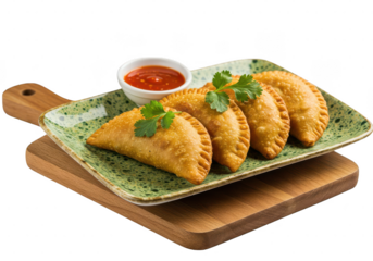Golden empanadas on a patterned plate with a small bowl of red sauce and cilantro garnish sitting on wood on transparent background