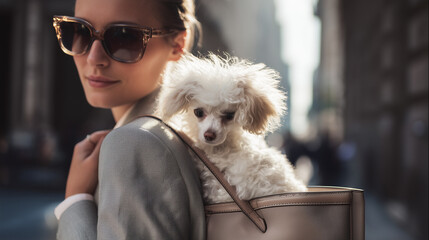 Fashionable Woman in Sunglasses Carries White Toy Poodle in Bag on a Stylish City Street. Image made using Generative AI.