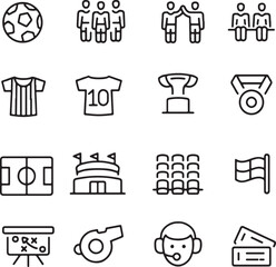 Thin line icon set of soccer football sport sports ball team player jersey match. Pixel perfect icons, editable stroke.