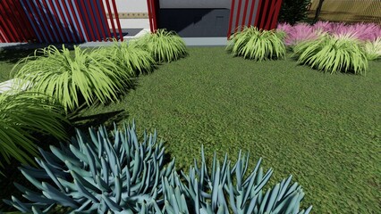 3d image of the landscape design of the home territory. Landscaping of the territory. Computer visualization of composite landscaping and landscaping solutions. White garden.