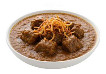 Delicious meat stew served in a white bowl with fried onions on top ready to be consumed now on transparent background