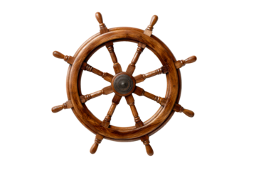 Classic wooden ships wheel with eight spokes and a polished center