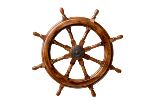 Classic wooden ships wheel with eight spokes and a polished center
