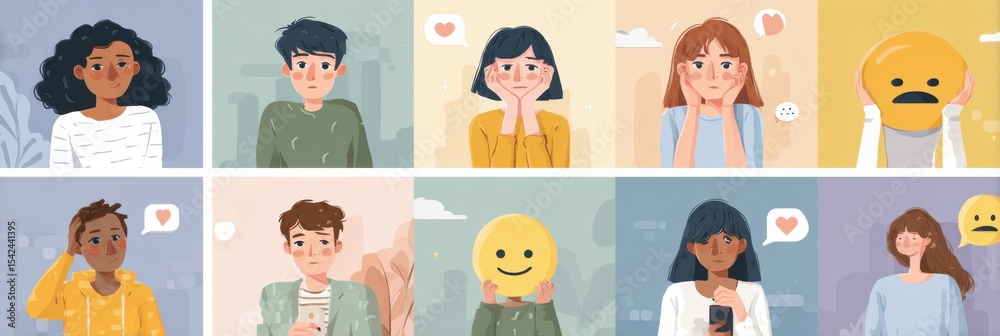 Aufkleber Emotional Check-In Guide Showcases Diverse Individuals Expressing Various Feelings in a Colorful and Engaging Layout