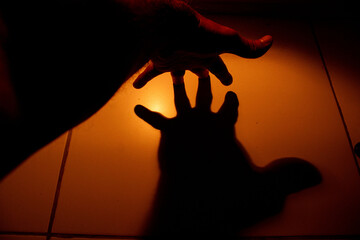 Mão aberta mostrando todos os dedos em uma contra-luz. 