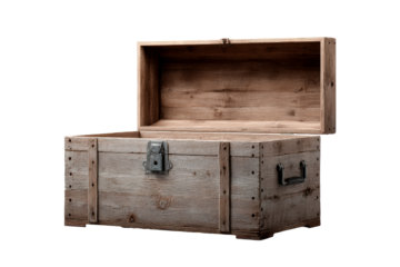 Rustic wooden chest with an open lid on a transparent background