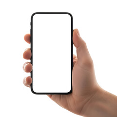 Hand holding smartphone mockup blank white screen mobile phone device isolated on black background template on transparent background
