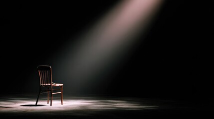 Empty Chair on Stage Illuminated by Soft Spotlight Creating a Moment of Anticipation and Reflection in the Darkened Theater