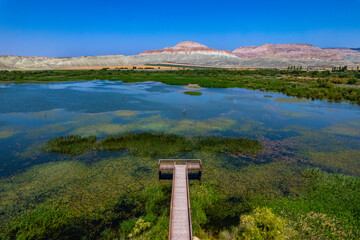 Nallihan District in Ankara, Turkey. The Girl Hill Natural Monument (Rainbow Hills) the geological structure with its colorful rainbow tones. Nallihan Bird Sanctuary. Aerial view of Nallihan.