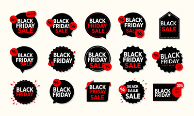  Extensive Black Friday Sale & Discount Badge Collection.  A large collection of black and red Black Friday sale and discount badges with varying designs.
