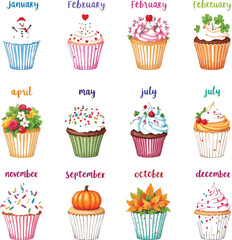 Cupcakes of the Year – Monthly Holiday-Themed Cupcake Vector Collection for Seasonal Decor and Educational Design