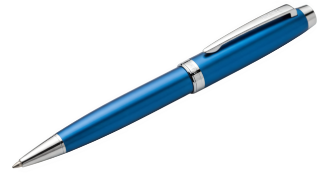 Blue metal ballpoint pen writing instrument office supply stationery tool for note taking and signing documents on transparent background