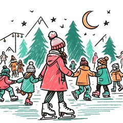 Fototapeta premium Group of children ice skating together under the moonlight in winter 