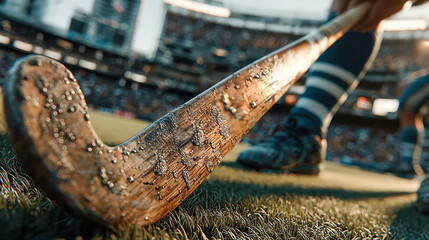 Close-up of a vintage field hockey stick and textured ball on lush green grass