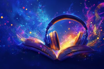 Vibrant headphones with colorful abstract open book and splashes