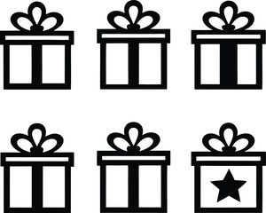set of gift box icons, black present silhouettes with bows and patterns vector