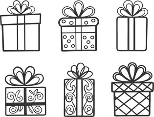 set of gift box icons, black present silhouettes with bows and patterns vector