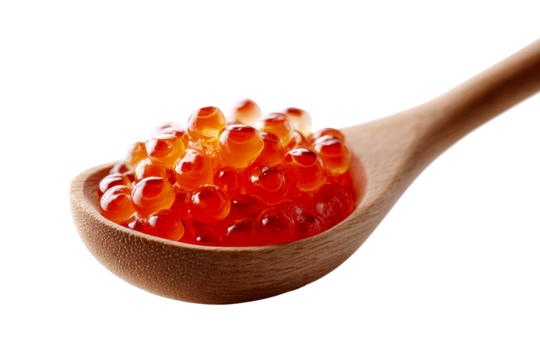 Spoonful of vibrant orange fish roe on a wooden spoon in kitchen