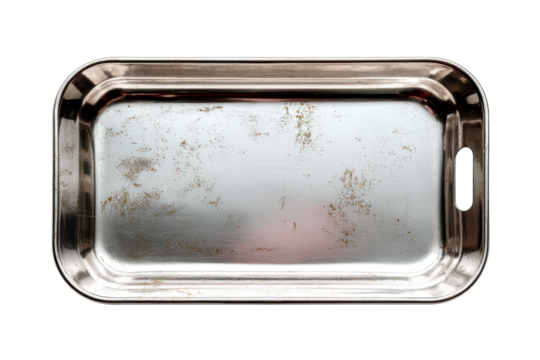 Scratched metal tray on a transparent background