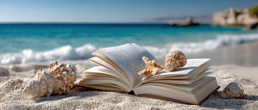 Panoramic view of open book and seashells on sandy beach, overlooking calm ocean waves