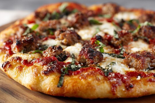 Sausage Pizza with Basil and Olive Oil on Stone Board – Rustic Italian Style