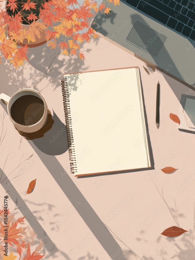Aufkleber Cozy Home Workspace With Falling Leaves and an Empty Notebook During Autumn