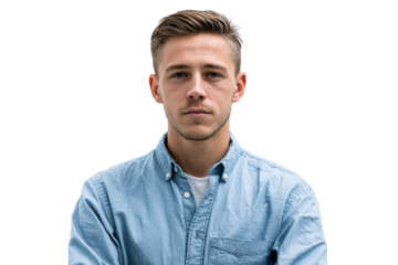 Young man poses confidently with arms crossed in casual attire