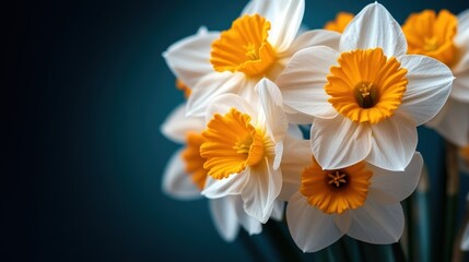 Obraz premium A striking composition of elegant white daffodils, featuring crisp petals and vivid orange centers, creating a dramatic contrast against a dark background for stunning floral art.
