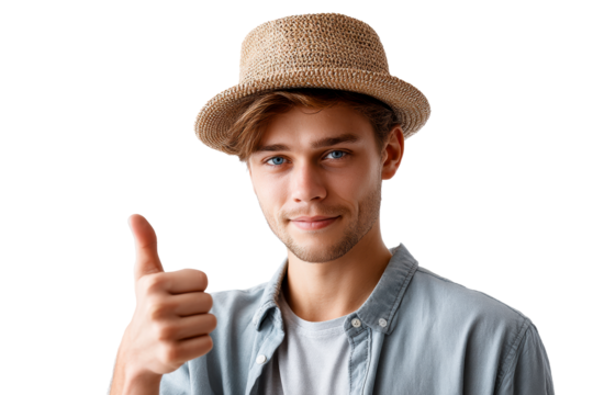 Young man giving thumbs up while wearing straw hat - Powered by Adobe