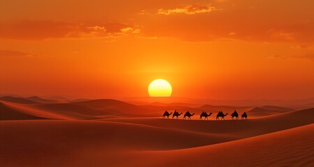 Sunset Over Desert Dunes with Camel Caravan Silhouettes &ndash; Cinematic Travel Wallpaper in Warm Tones