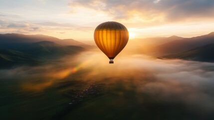 Fototapeta premium A vibrant hot air balloon gracefully drifting above an expansive landscape, capturing the beauty and tranquility of nature during a breathtaking sunset, inviting awe and wanderlust.