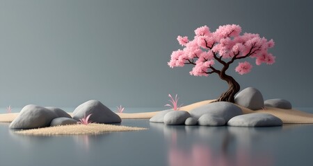 Minimalist Japanese Zen Garden Wallpaper with Cherry Blossoms and Calm Water