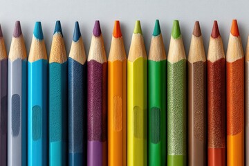 Colorful pencils neatly arranged in a row highlighting creativity and precision