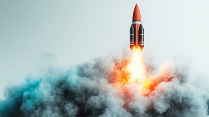 A striking image of a vibrant rocket launching into the sky amidst billowing clouds and flames, symbolizing human innovation and the spirit of exploration in space travel.