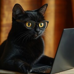 A black cat with a serious look in glasses, sitting at a laptop.