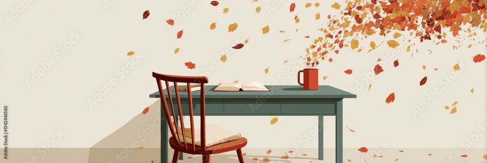 Poster Relaxing Flat-Style Home Desk With Falling Leaves and a Blank Notebook Inviting Creative Thoughts During Autumn