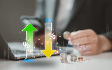 Businessman showing how to Manage cost with down arrow and quality with up arrow or concept...