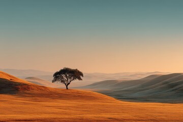 Lone tree in golden hills under a calm blue sky at sunset