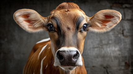 Close-up portrait of a brown jersey cow with big eyes and floppy ears against a rustic farm background