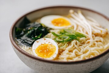 Macro Shot of Traditional Miso Ramen with Egg, Nori, and Enoki Mushrooms