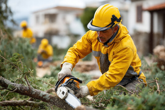 Determined male worker in safety gear operating chainsaw to cut tree branches on construction site