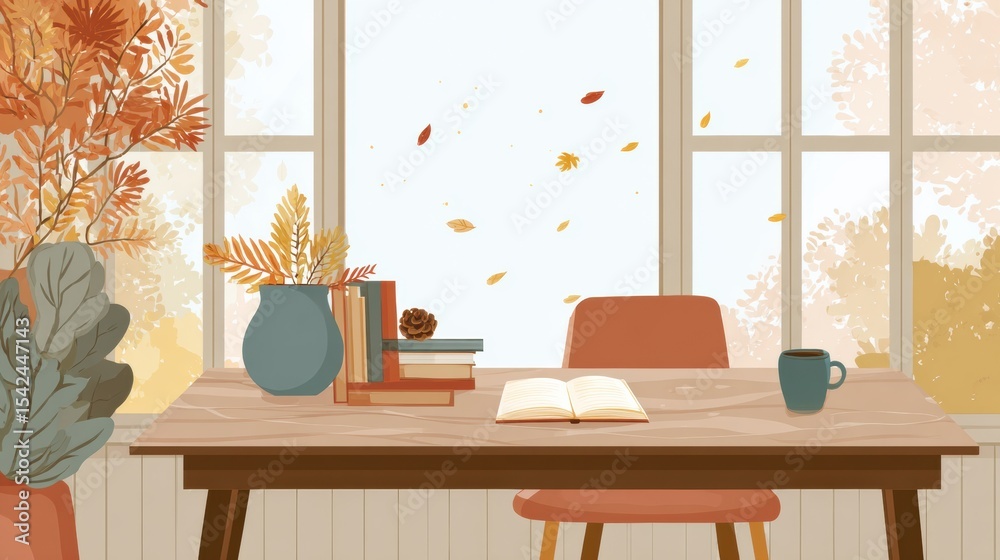 Aufkleber Cozy Flat-Style Desk Setup With Falling Leaves and a Blank Notebook Inviting Creativity in a Tranquil Autumn Setting