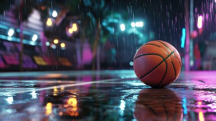 A basketball sits on a wet court at night with lights and rain falling on the ground around it