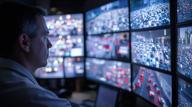 Man monitoring traffic flow on multiple screens in control room with advanced technology for urban transportation management