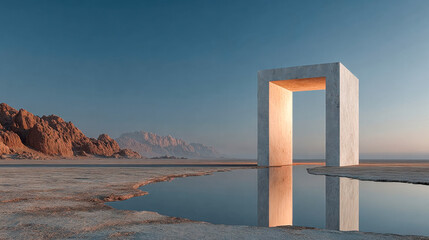 Minimalist stone cube structure in a surreal desert landscape near a calm sea