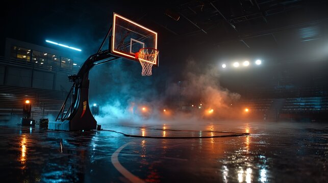 Illuminated basketball hoop on a wet court at night with fog and stadium seating in the background view
